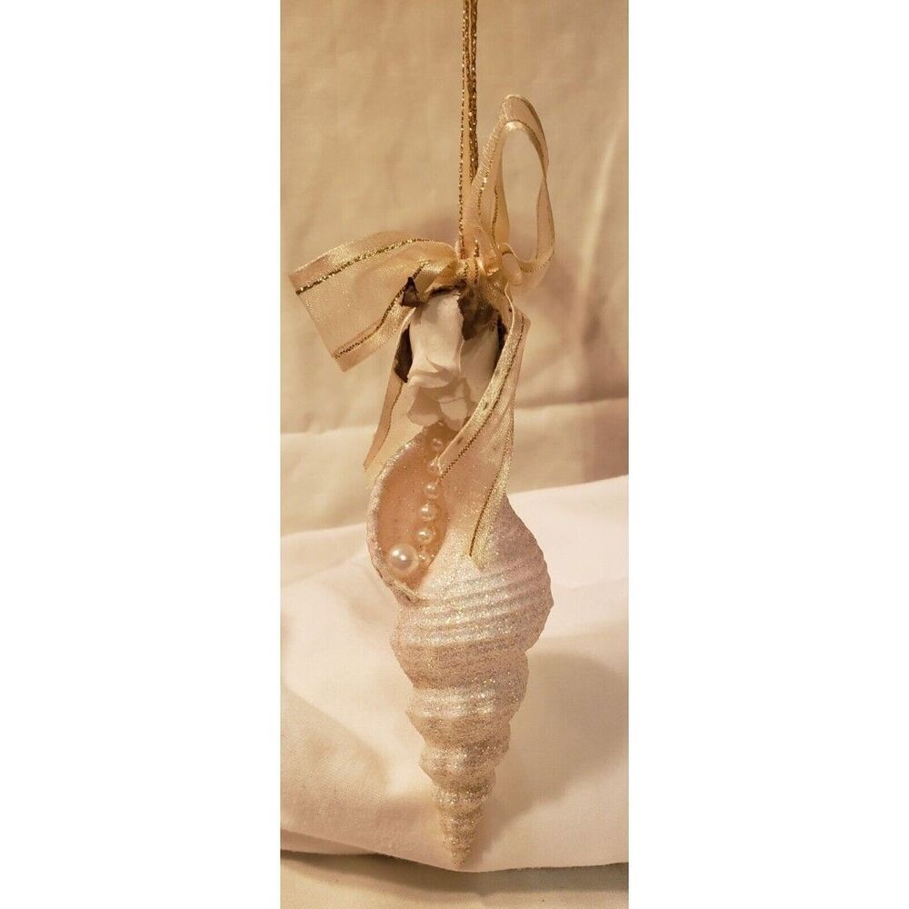 Embellished Faux Seashell Christmas Ornament Rose Bud Glittery Wreath Decor